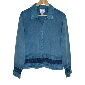 Vintage April Cornell Button Up Blouse Womens XL Blue Chambray Cottage Cotton
